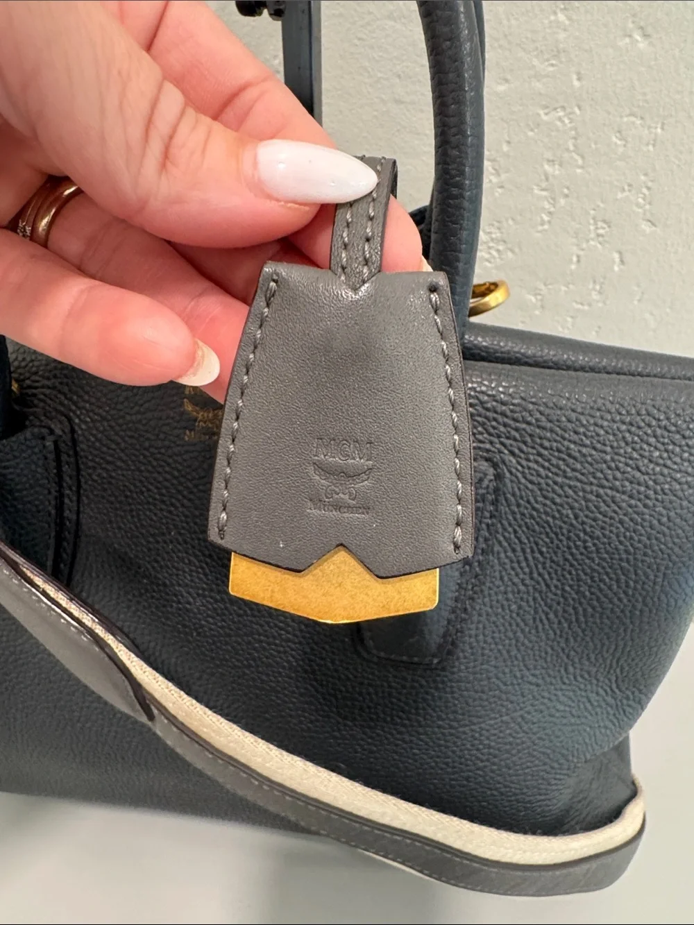 MCM Dark Gray Leather Satchel with Contrast Strap
